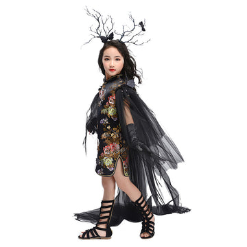 Halloween Estilo Cheongsam Chino Disfraz Retro Creativo Vestido con Flores para Niñas